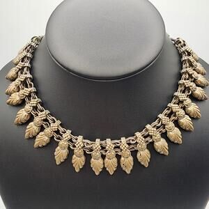Antique Leaf Fringe Bib Necklace in Gilt Brass Austrian Bohemian 1920s Art Deco